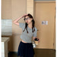 【H6962】實拍韓國背簍空綁帶簡約質感刺繡T恤230616