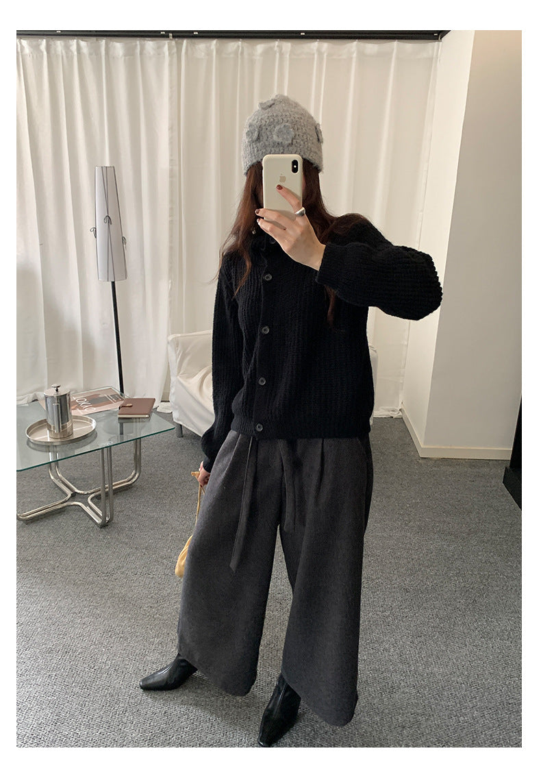 【H5491】實拍秋冬毛呢鬆緊腰加厚闊腿休閒褲251109