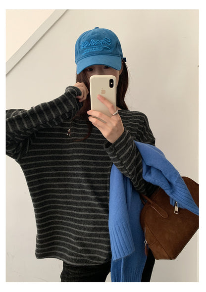 【H572】實拍復古磨毛刺繡條紋圓領T恤251021