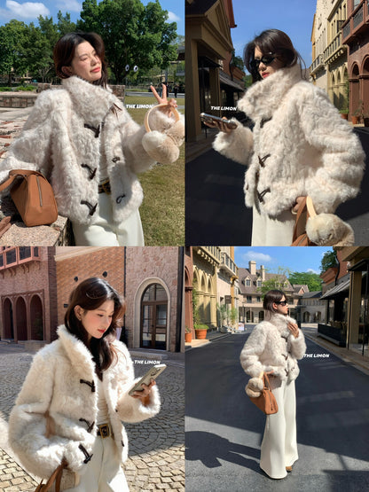 【L1230】實拍檸檬冬季加厚保暖立領牛角扣仿皮草外套251117