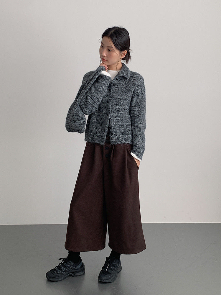 【LD3301】實拍韓系簡約高腰毛呢闊腿七分褲251103