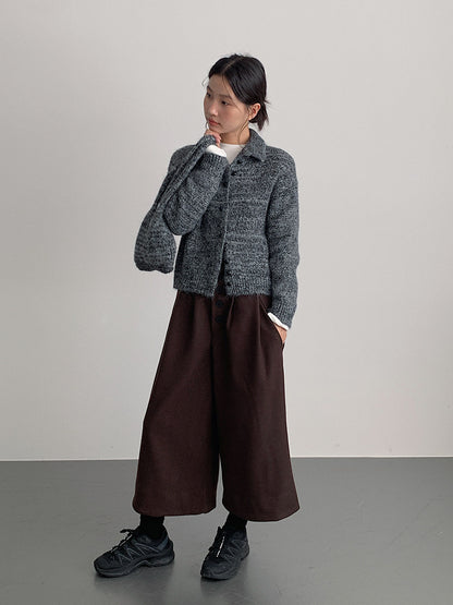 【LD3301】實拍韓系簡約高腰毛呢闊腿七分褲251103