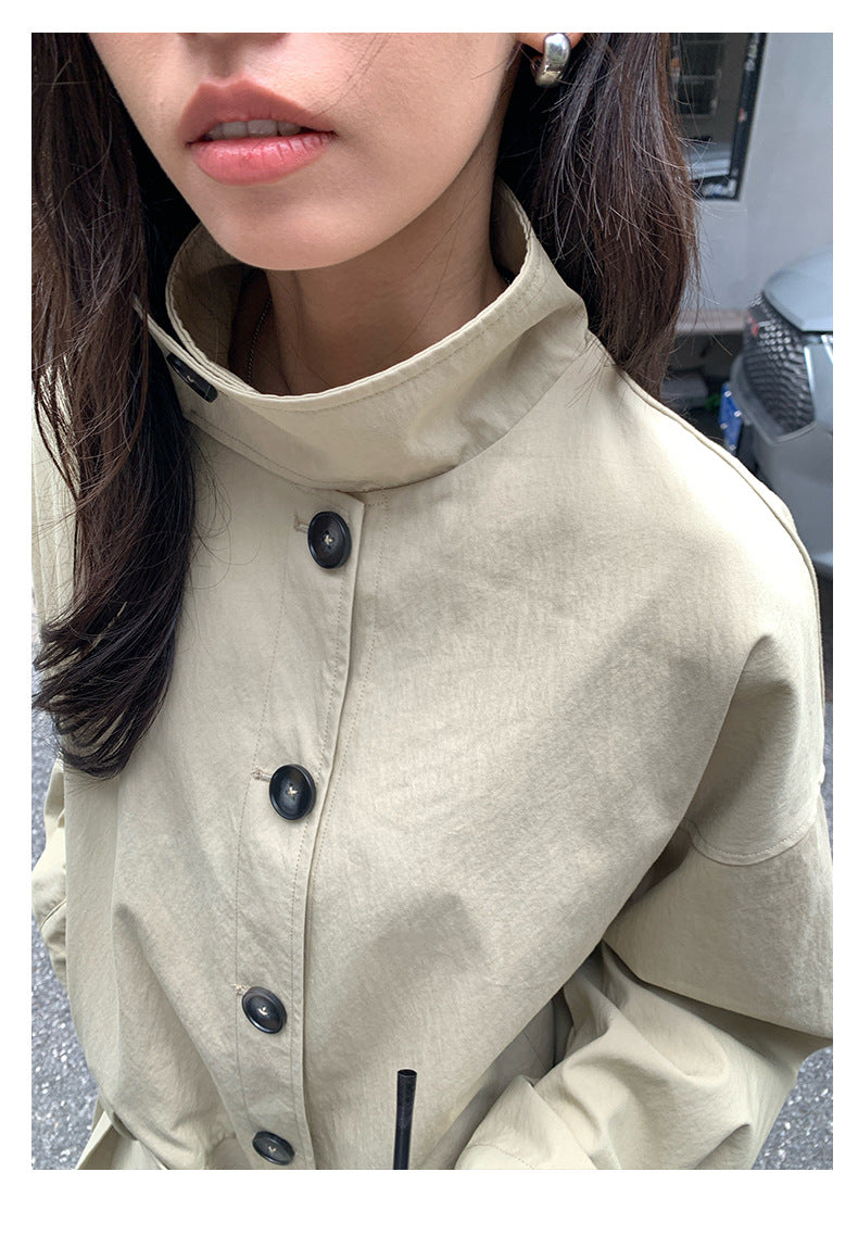 【H5400】實拍韓系慵懶卡其立領收腰風衣外套250902