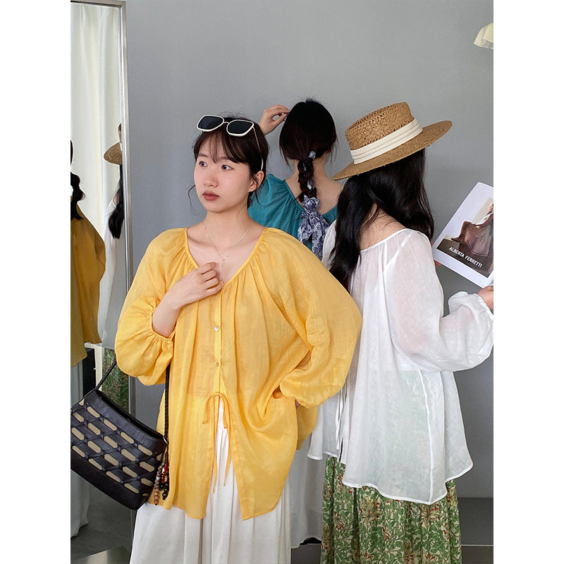 【cimz6521】會呼吸的防曬100%苧麻燈籠袖兩穿長袖襯衫/薄外套260402