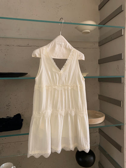 【LR70960】實拍imiss修身顯瘦！氣質蕾絲花邊V領棉麻洋裝260305