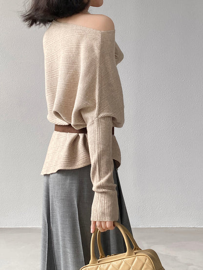 【cim9033】實拍韓系高級感長袖斜肩針織衫＋腰帶251030