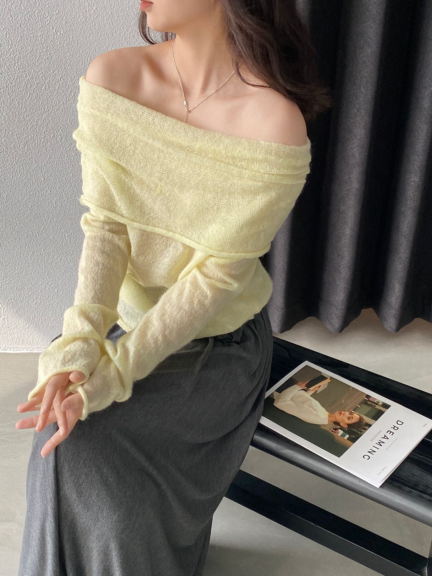 【cimzF632】微性感慵懶風💜羊毛10%一字肩顯瘦露肩長袖針織衫260319