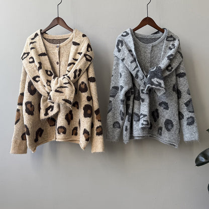 【YP2598】 實拍秋冬慵懶豹紋開衫毛衣+圍巾（含羊毛3%)251023