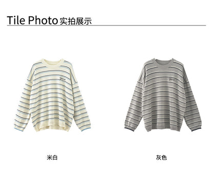 【H5454】實拍復古鬆弛感條紋刺繡針織毛衣250923