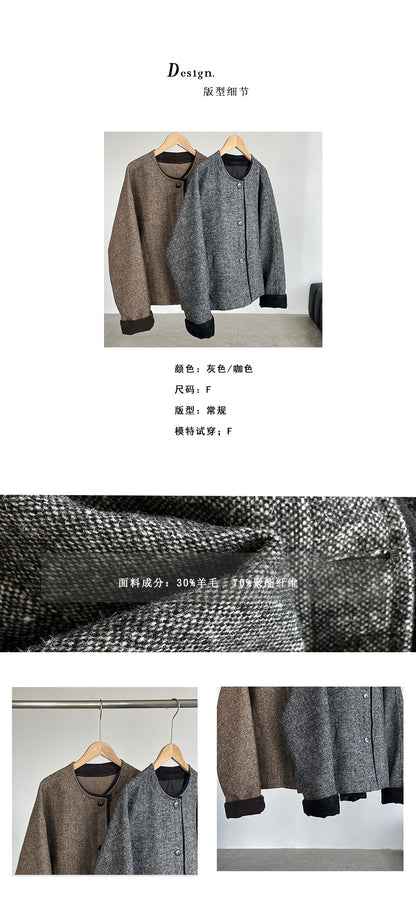 【cim2818】實拍設計高級感復古圓領毛呢外套251002