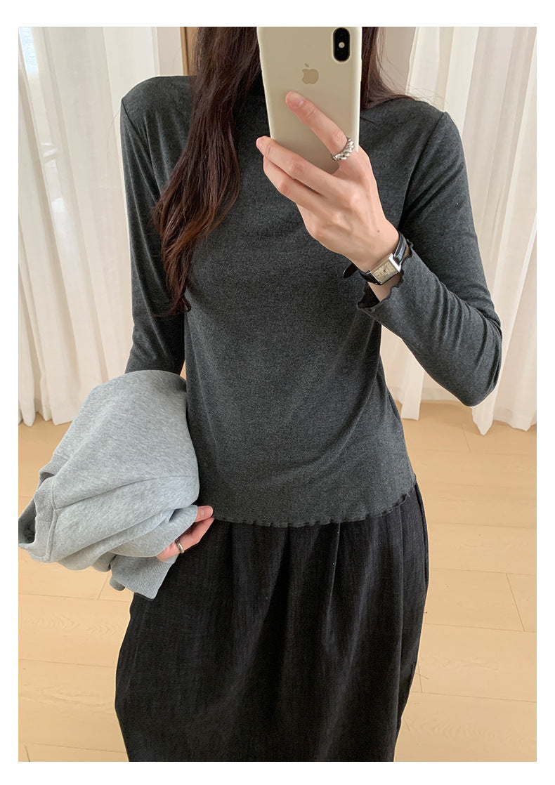 【H568】實拍基礎款木耳邊半高領純色打底衫251021