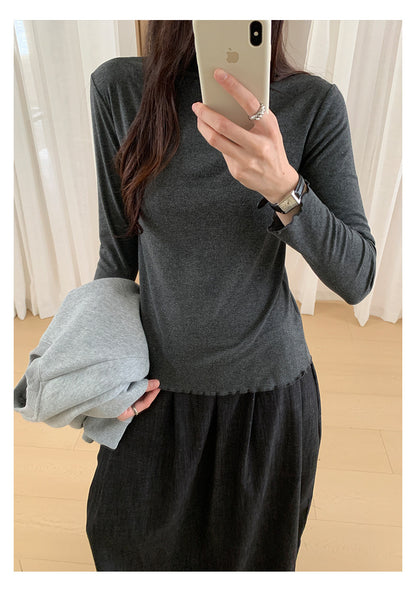 【H568】實拍基礎款木耳邊半高領純色打底衫251021