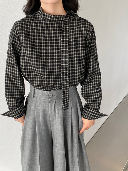 【cim1695】實拍法式磨毛領結氣質格子襯衫251030