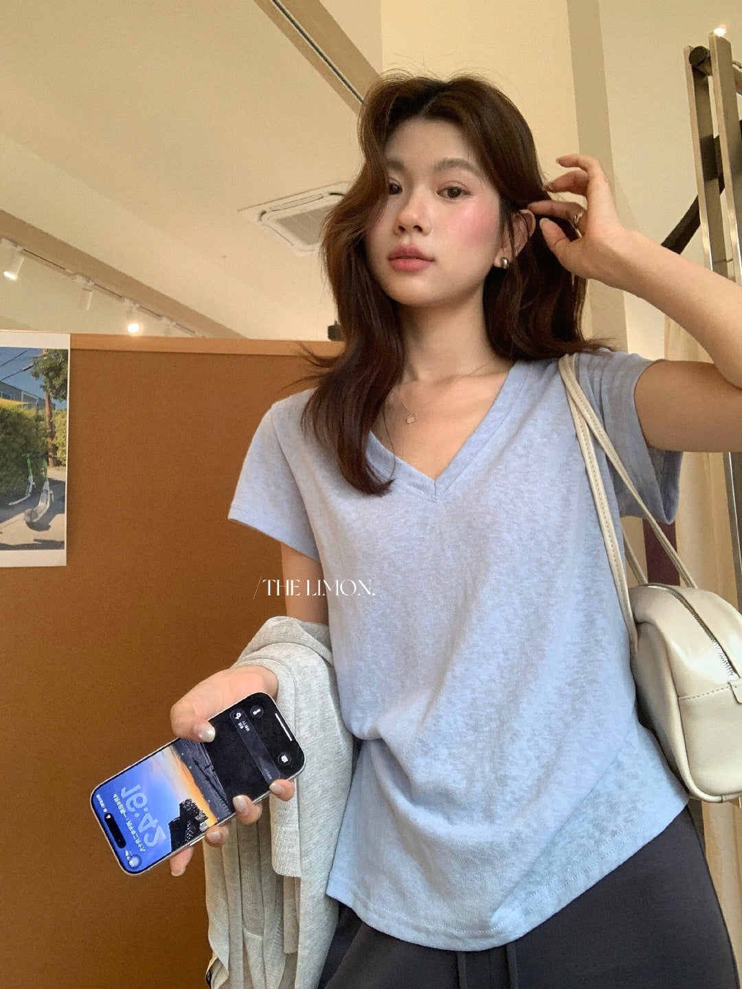 【L10501】極簡高級鬆弛感☕透氣雪花亞麻V領正肩顯瘦短袖T恤260428