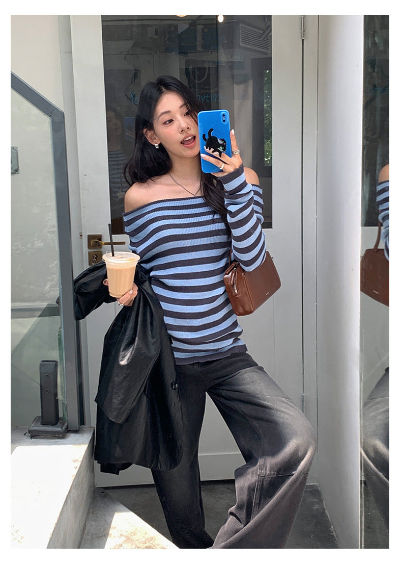 【H5399】實拍韓系簡約氣質一字領露肩針織衫250902