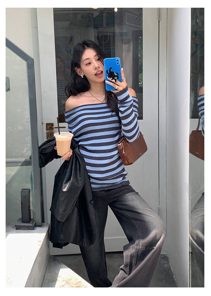 【H5399】實拍韓系簡約氣質一字領露肩針織衫250902