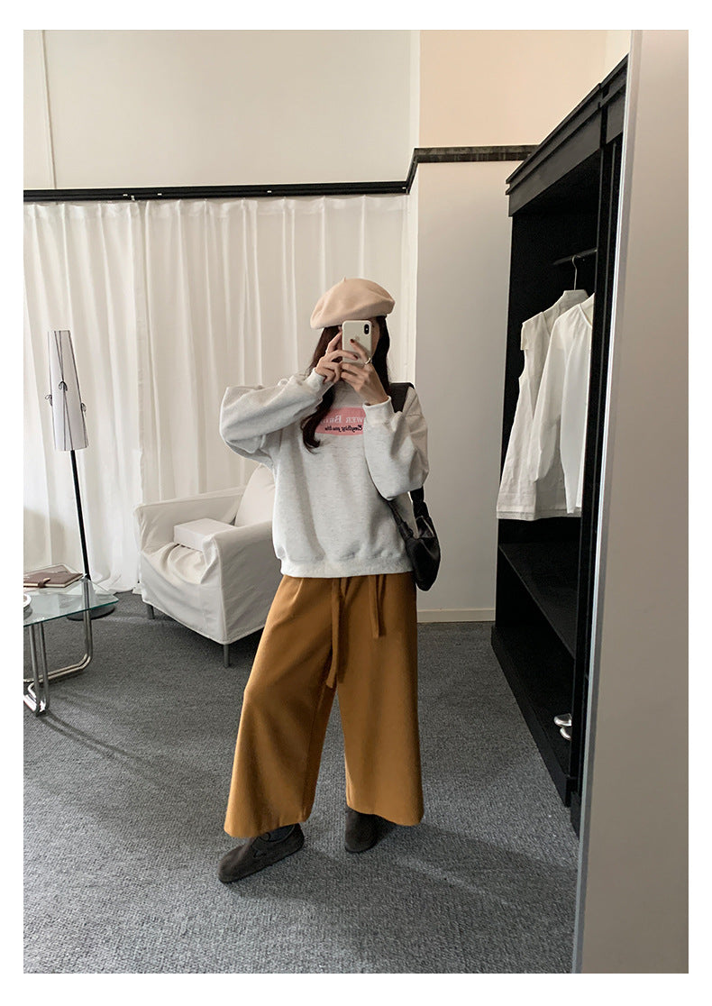 【H5491】實拍秋冬毛呢鬆緊腰加厚闊腿休閒褲251109