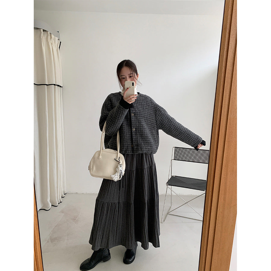 【H5476】實拍秋冬質感簡約細摺鬆緊腰a字傘裙251109