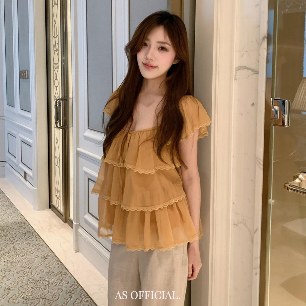 【L28012】法式甜美少女感🎀百搭減齡精緻蕾絲邊飛飛袖短袖上衣260526