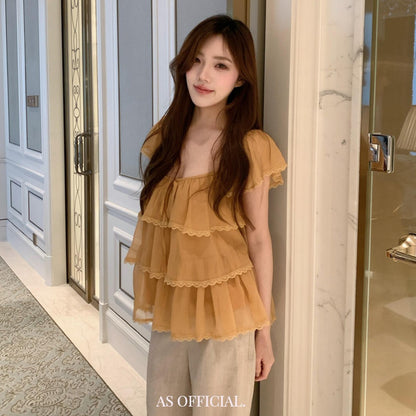 【L28012】法式甜美少女感🎀百搭減齡精緻蕾絲邊飛飛袖短袖上衣260526