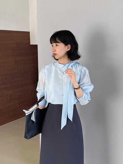 【cimz1186】韓系知性通勤🤍質感蝴蝶結飄帶天絲半高領長袖襯衫260319