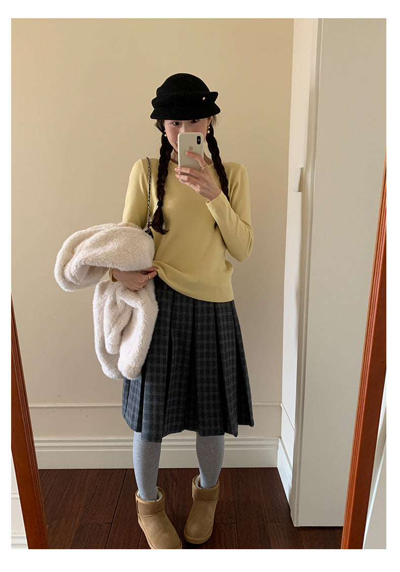 【H5502】實拍學院復古磨毛格子百褶A字裙251118