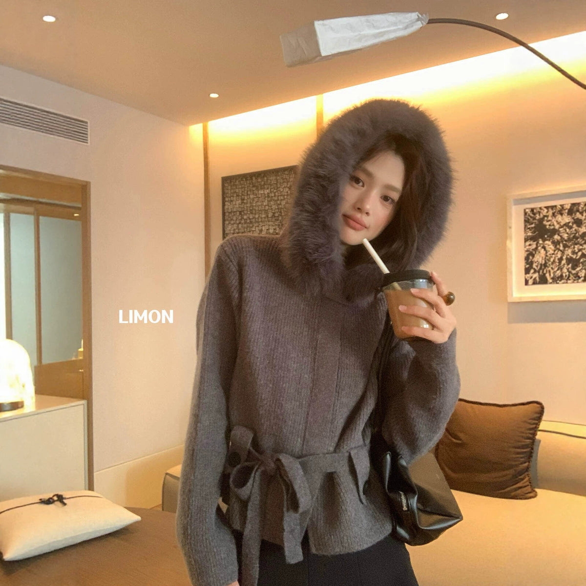 【LNM8650】檸檬家韓系慵懶・坑條縮腰連帽毛衣外套（附腰繩毛領）261027
