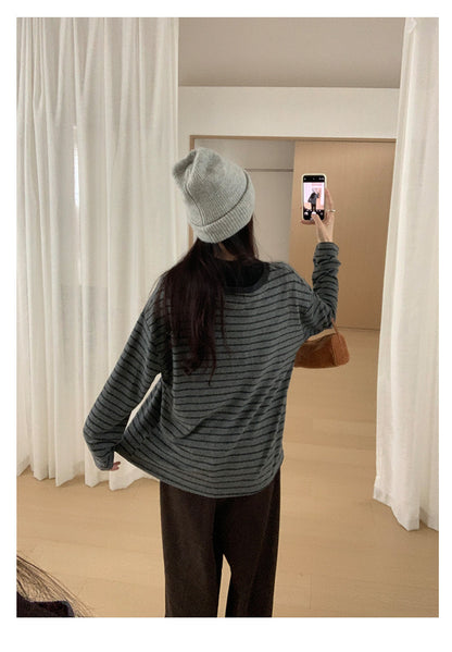 【H572】實拍復古磨毛刺繡條紋圓領T恤251021