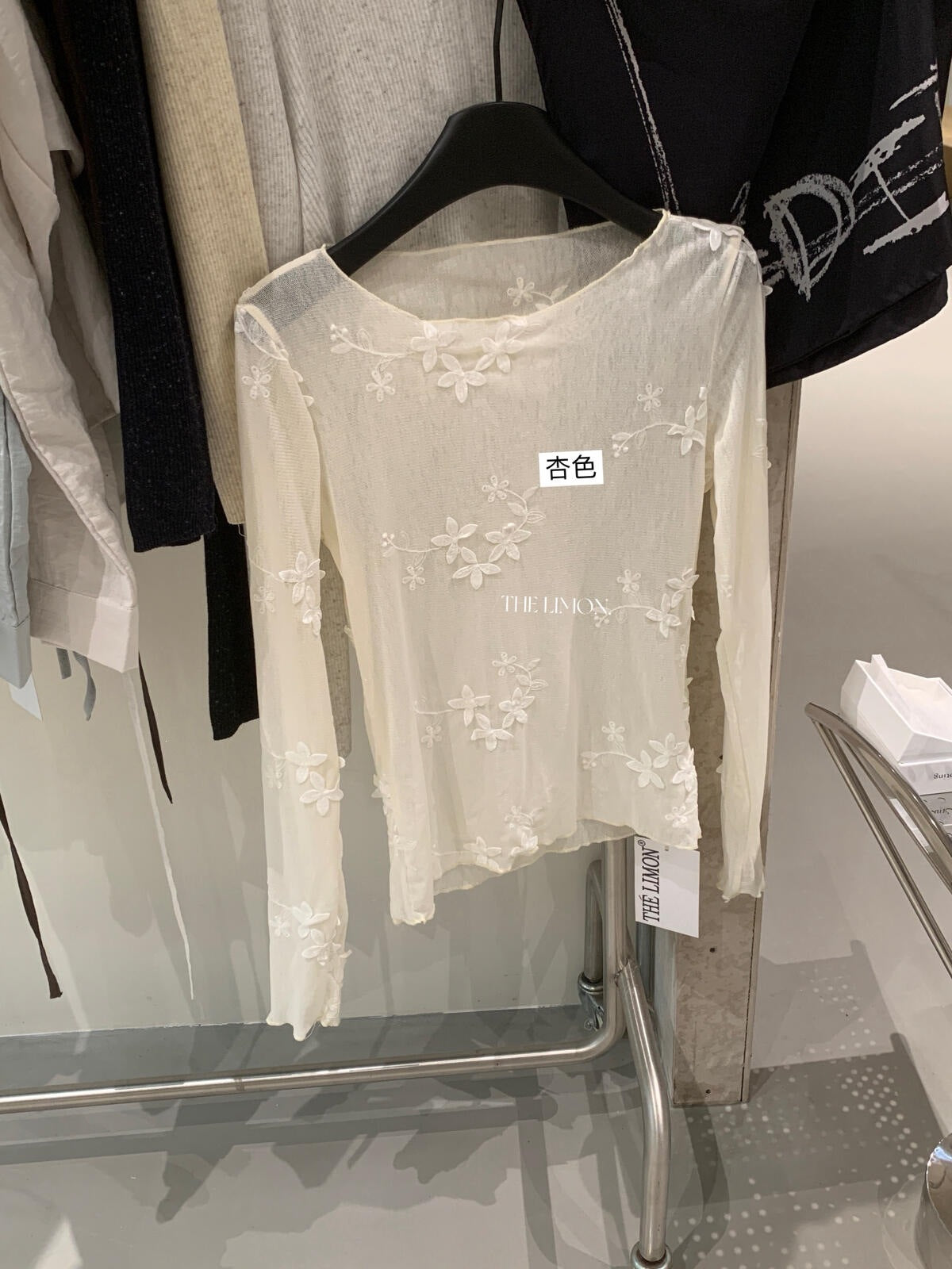【LTM1800】檸檬早秋韓系高質感立體花朵刺繡網紗圓領長袖上衣260728
