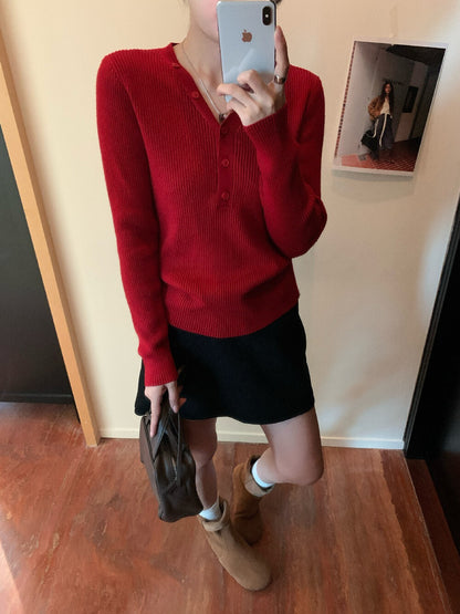 【L99909】檸檬秋冬超修身V領纽扣長袖針織衫251117