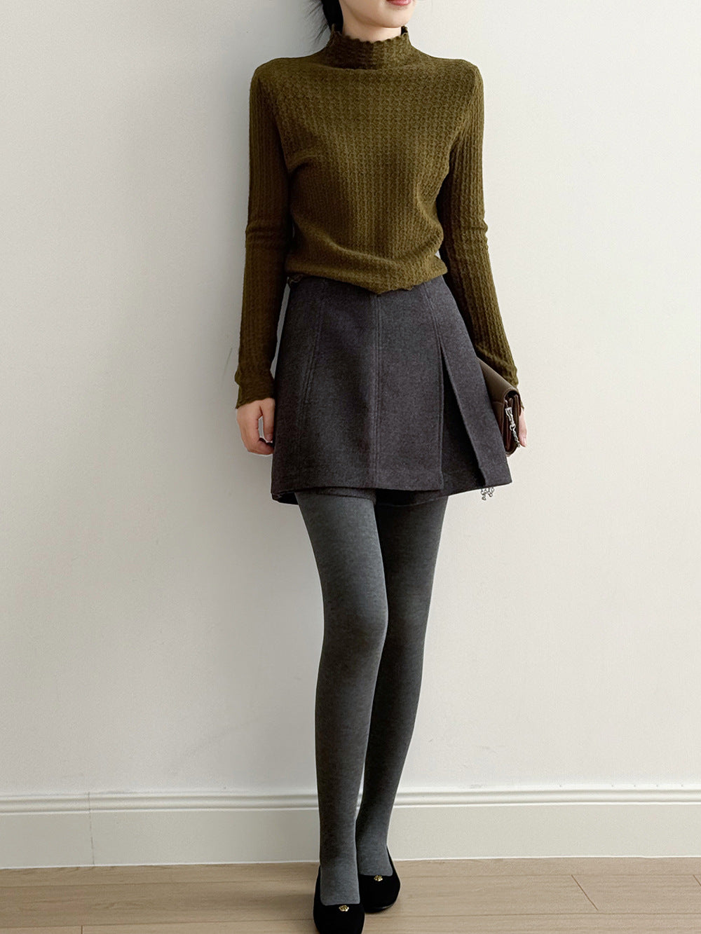 【Y82682】實拍冬季厚款毛呢高腰開叉裙褲 251106