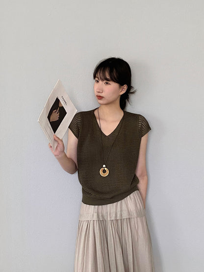 【cimz8002】韓系溫柔仙女系☁️百搭減齡V領鏤空修身短袖針織衫260709
