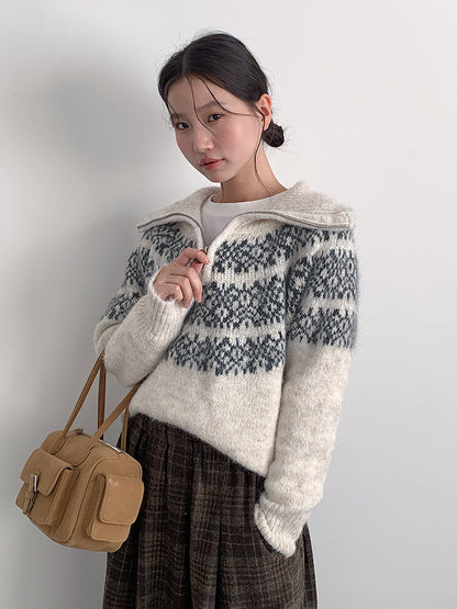 【LD11004】實拍兔絨毛混紡費爾島針織毛衣半拉鏈大翻領251110