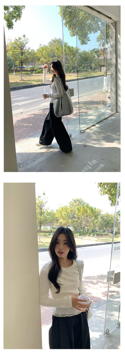 【H5063】實拍春夏氣質款蝴蝶結蕾絲長袖T恤250224