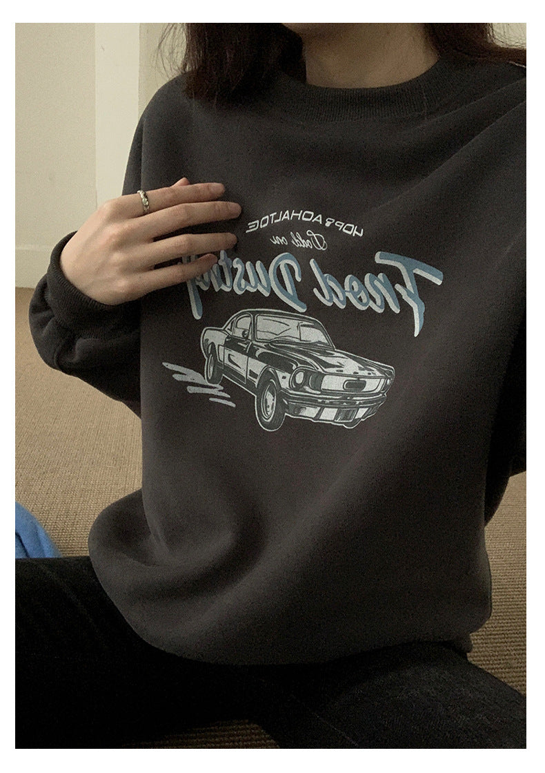 【H573】實拍美式汽車印花寬鬆圓領衛衣251021