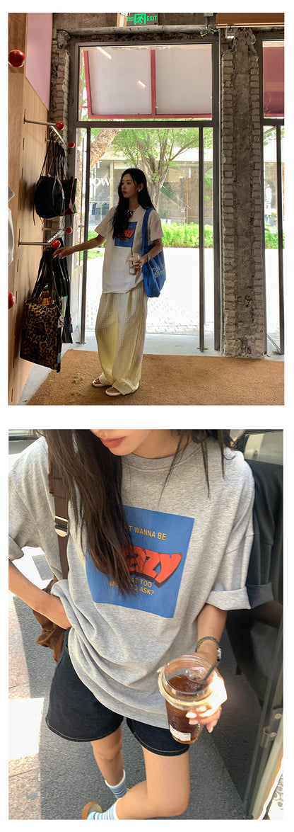 【H5211】實拍美式撞色字母印花寬鬆圓領短袖T恤250422