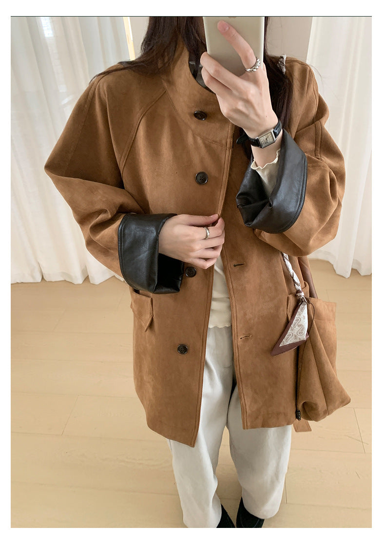 【H569】實拍復古個性皮革拼麂皮絨大衣外套＋麂皮肩背包251021