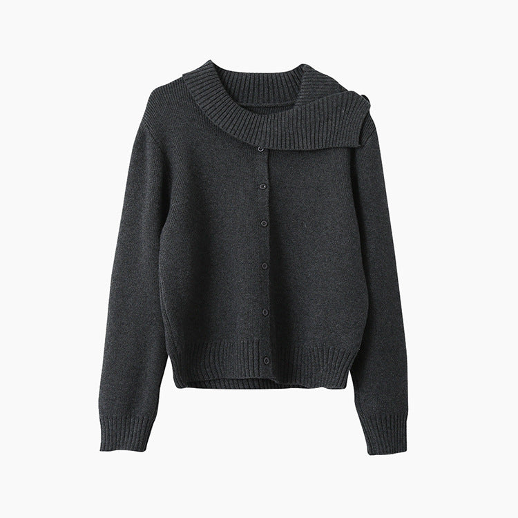 【LD11002】實拍秋冬法式設計感斜領針織毛衣外套251110