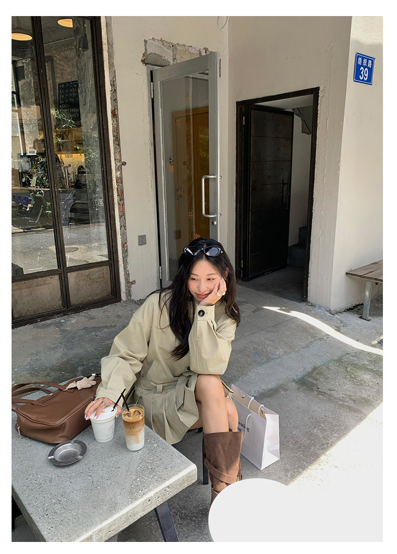 【H5400】實拍韓系慵懶卡其立領收腰風衣外套250902