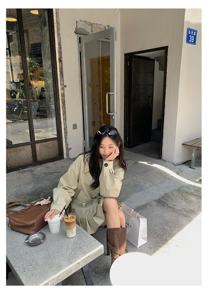 【H5400】實拍韓系慵懶卡其立領收腰風衣外套250902