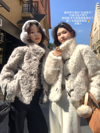 【L1230】實拍檸檬冬季加厚保暖立領牛角扣仿皮草外套251117