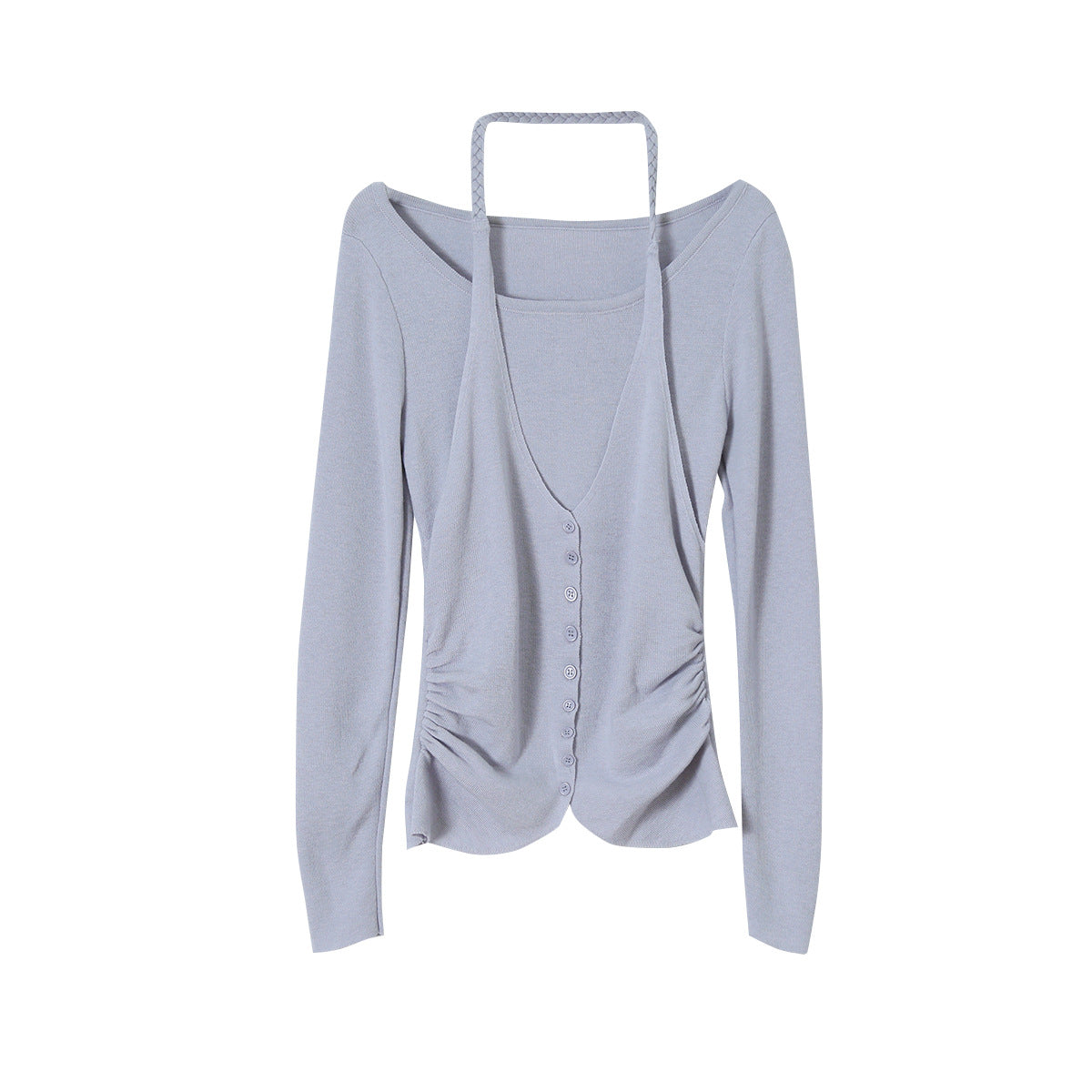 【LD11170】實拍韓系純慾微性感✨淡紫掛脖假兩件收腰顯瘦長袖針織衫260317