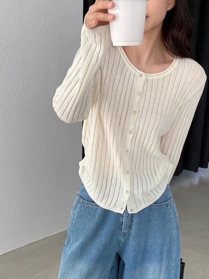 【cimzW6005】早春韓系溫柔☁️捲邊領鏤空薄款羊毛針織小外套/罩衫260319