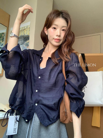 【L10757】韓系慵懶隨性☁️設計感下襬抽繩翻領長袖防曬襯衫260610