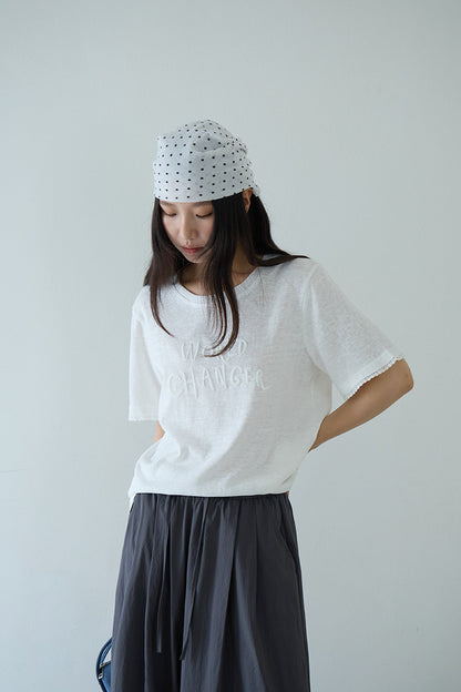 【LD11259】休閒百搭款！韓系個性刺繡字母花邊/荷葉袖寬鬆短袖上衣260512
