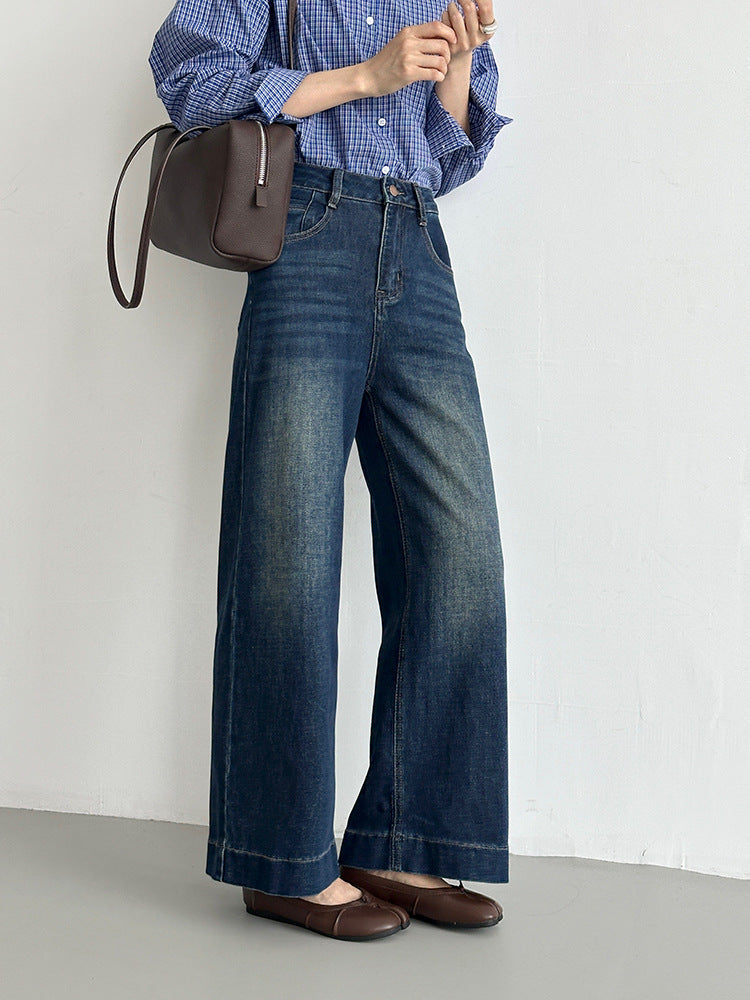 【LD11450】S~XL復古丹寧・絲巾綁帶高腰直筒牛仔褲261002