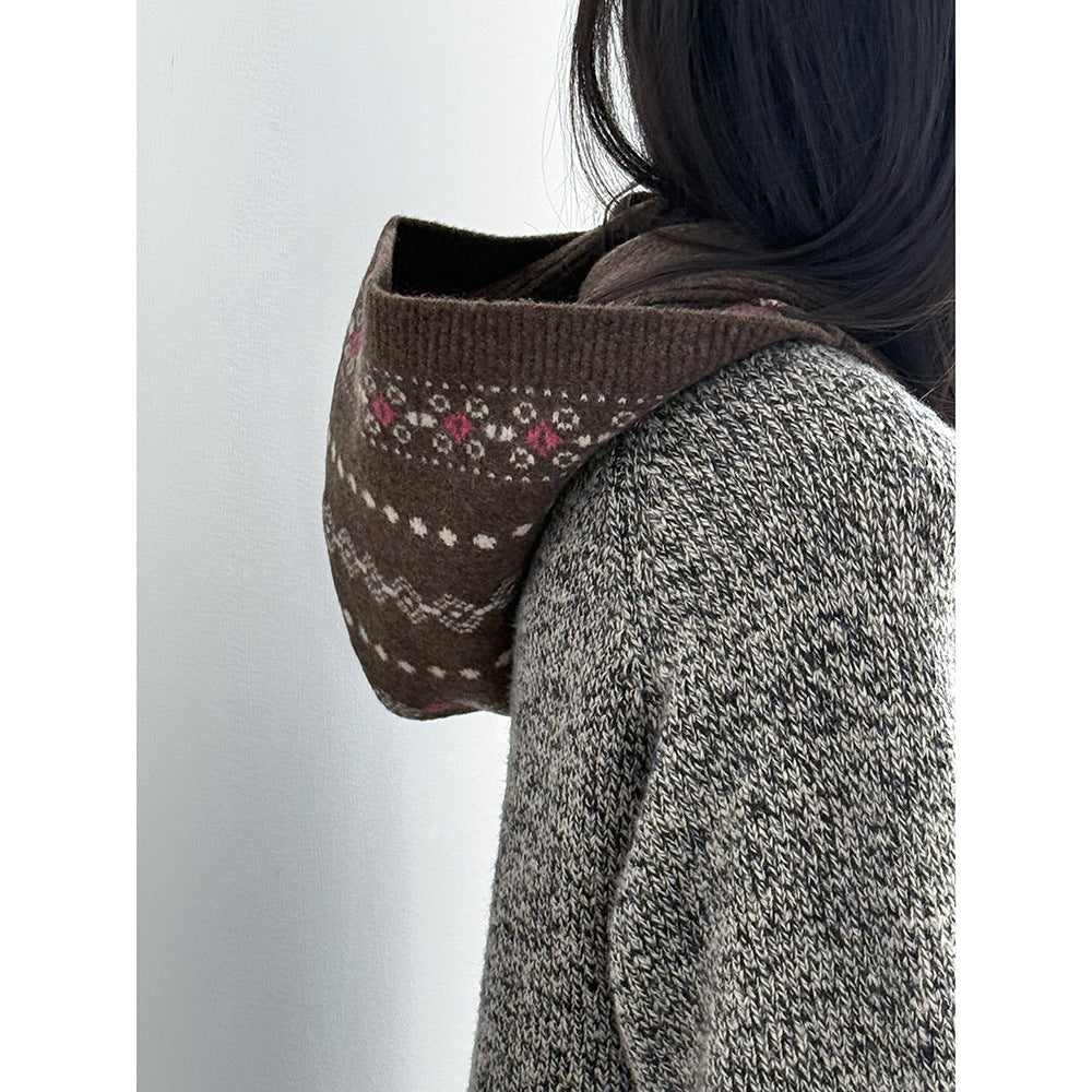 【YW571】實拍冬季復古可愛費爾島提花一体連帽針織圍巾251113