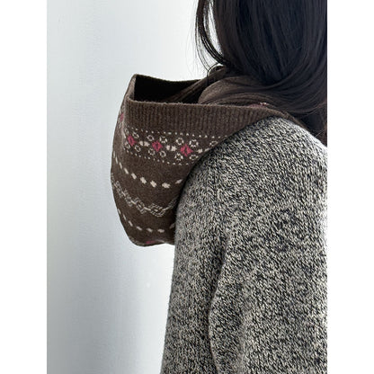 【YW571】實拍冬季復古可愛費爾島提花一体連帽針織圍巾251113