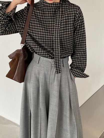 【cim1695】實拍法式磨毛領結氣質格子襯衫251030