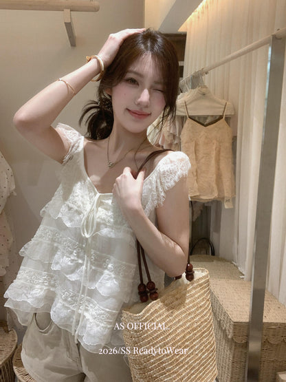【L27010】韓系甜美純慾風🎀重工蕾絲多層荷葉邊綁帶無袖上衣260526